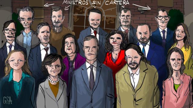 De izquierda a derecha en la parte superior de la ilustración, Fernando Simón, Julio Rodríguez, Iván Redondo, Miguel Ángel Oliver y Félix Bolaños.