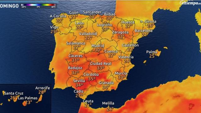 Previsión de temperaturas máximas para el domingo 3 de mayo de 2020 según Eltiempo.es