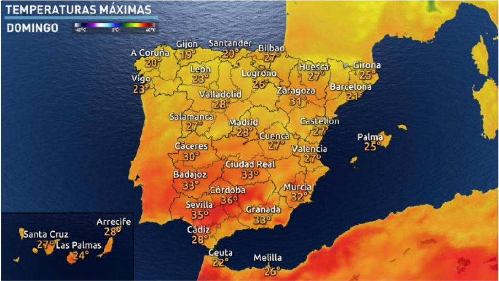 Predicción de temperaturas máximas actualizada para el domingo 3 de mayo según eltiempo.es