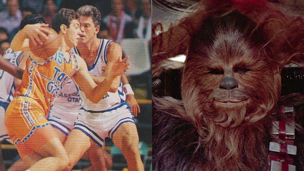 Mark McNamara, durante un partido con el Real Madrid, y Chewbacca