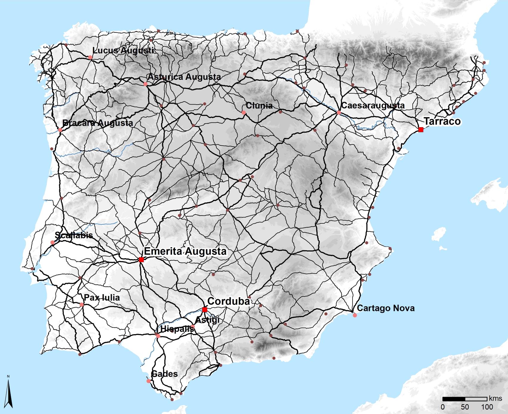 Mapa de las calzadas romanas en Hispania.