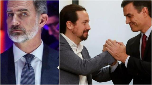 El Rey Felipe VI e Iglesias y Sánchez durante el acuerdo del gobierno de coalición