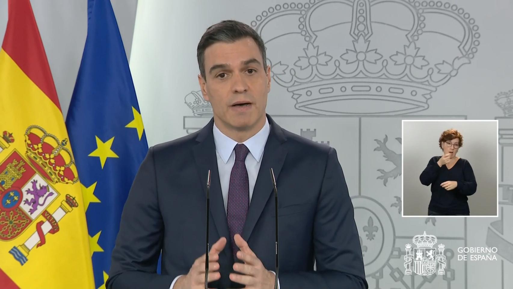 Pedro Sánchez, presidente del Gobierno, comparece en Moncloa.