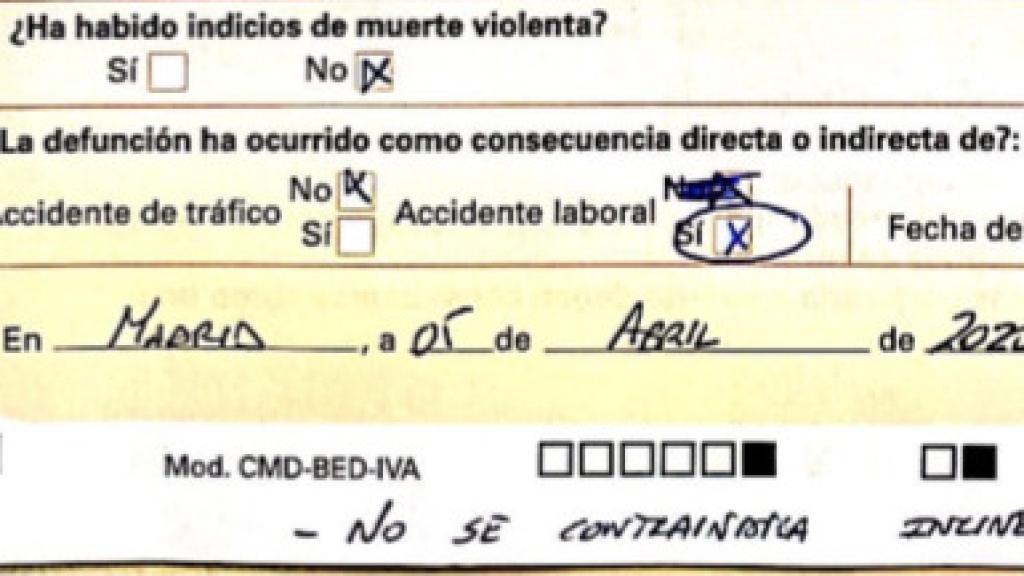 Certificado de defunción de Luis Pérez, donde se establece que murió en un accidente laboral.