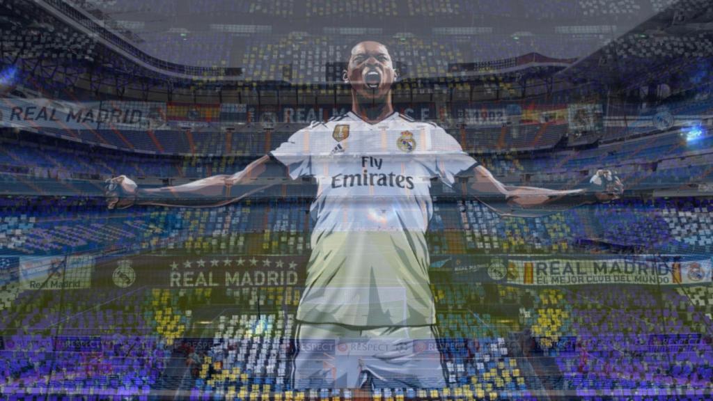 Montaje con el Santiago Bernabéu y un tifo de la grada en el FIFA 19