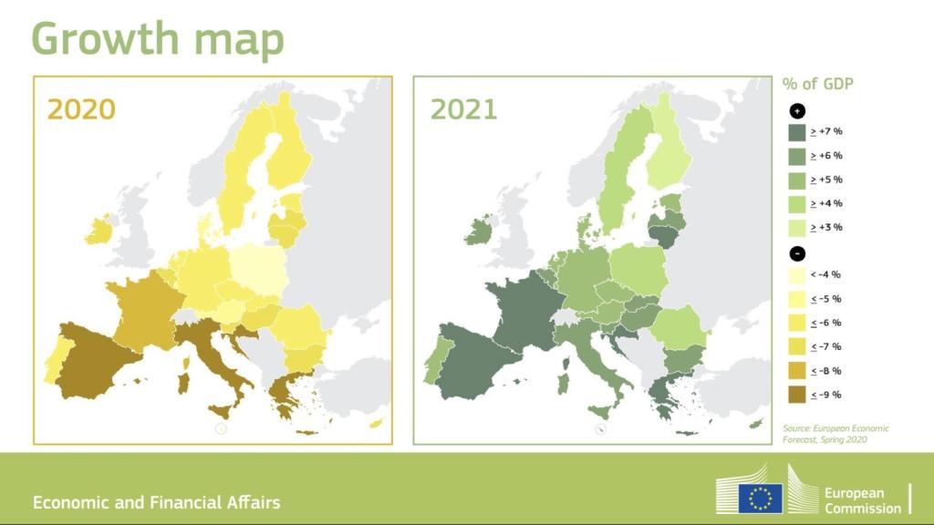 Mapa de crecimiento para 2020 y 2021 en la UE