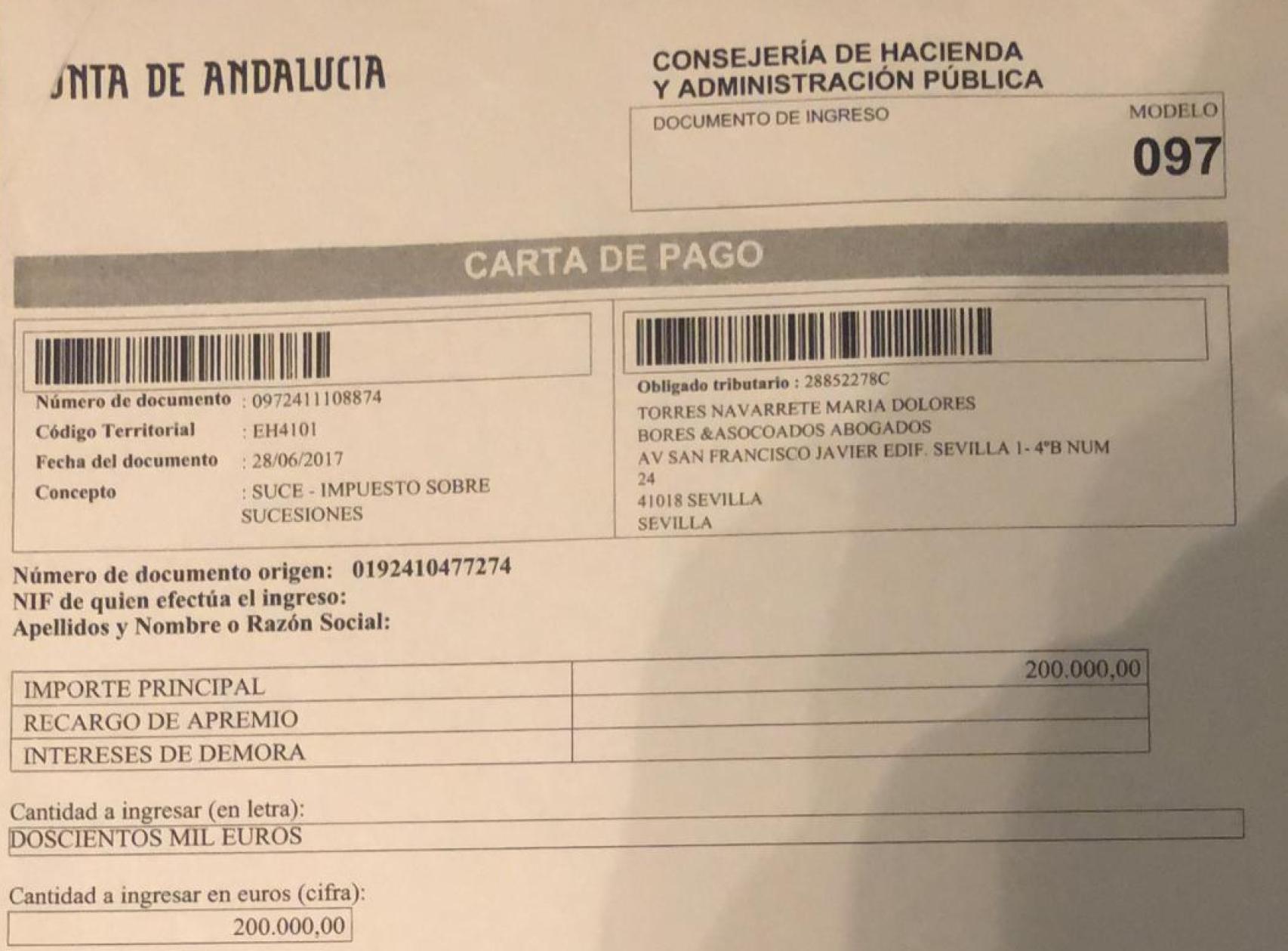 Documento de pago del impuesto de sucesiones a la Junta de Andalucía.