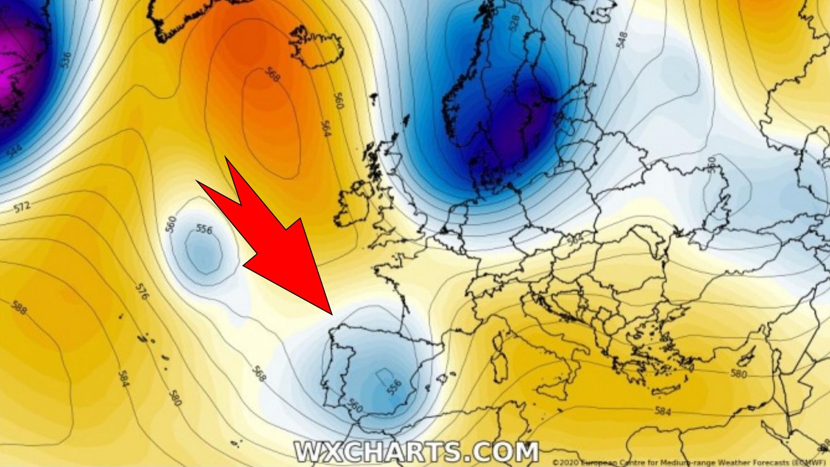 Las bajas presiones situándose sobre la Península Ibérica el domingo. Severe-weather.eu.