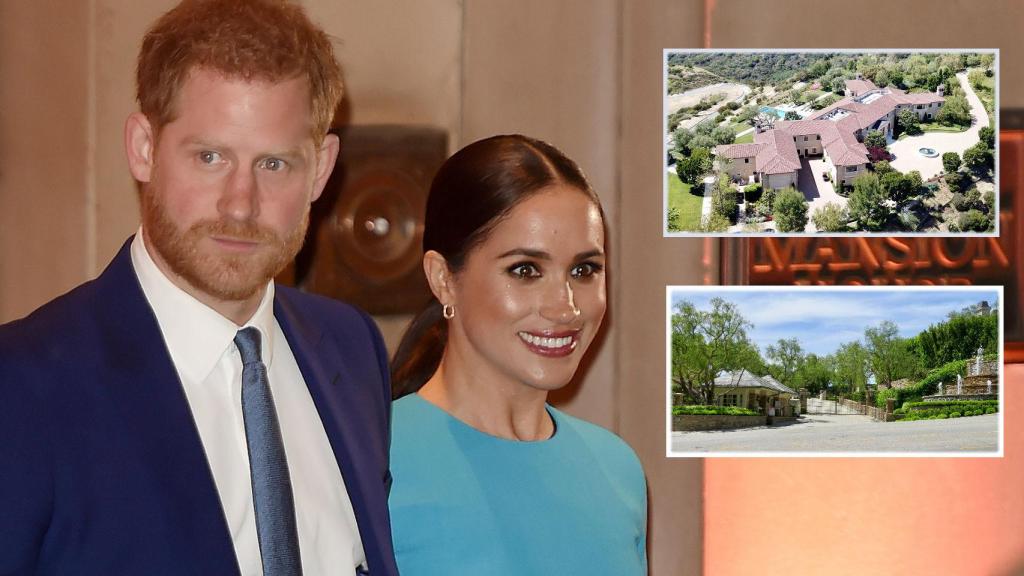 Meghan y Harry en montaje de JALEOS junto a dos imágenes de su nueva casa.