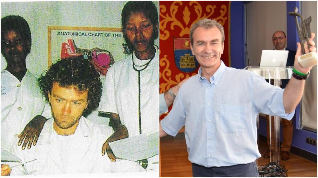 Fernando Simón, ejerciendo en África y recogiendo el premio a alumno destacado de su colegio del Opus.