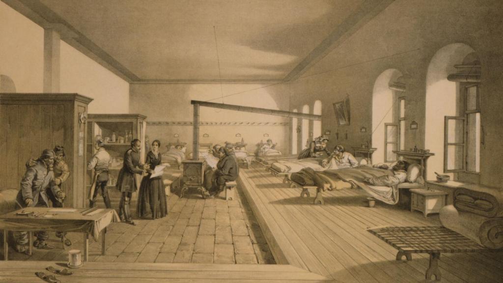 Dibujo de Florence Nightingale en un hospital de la Guerra de Crimea.