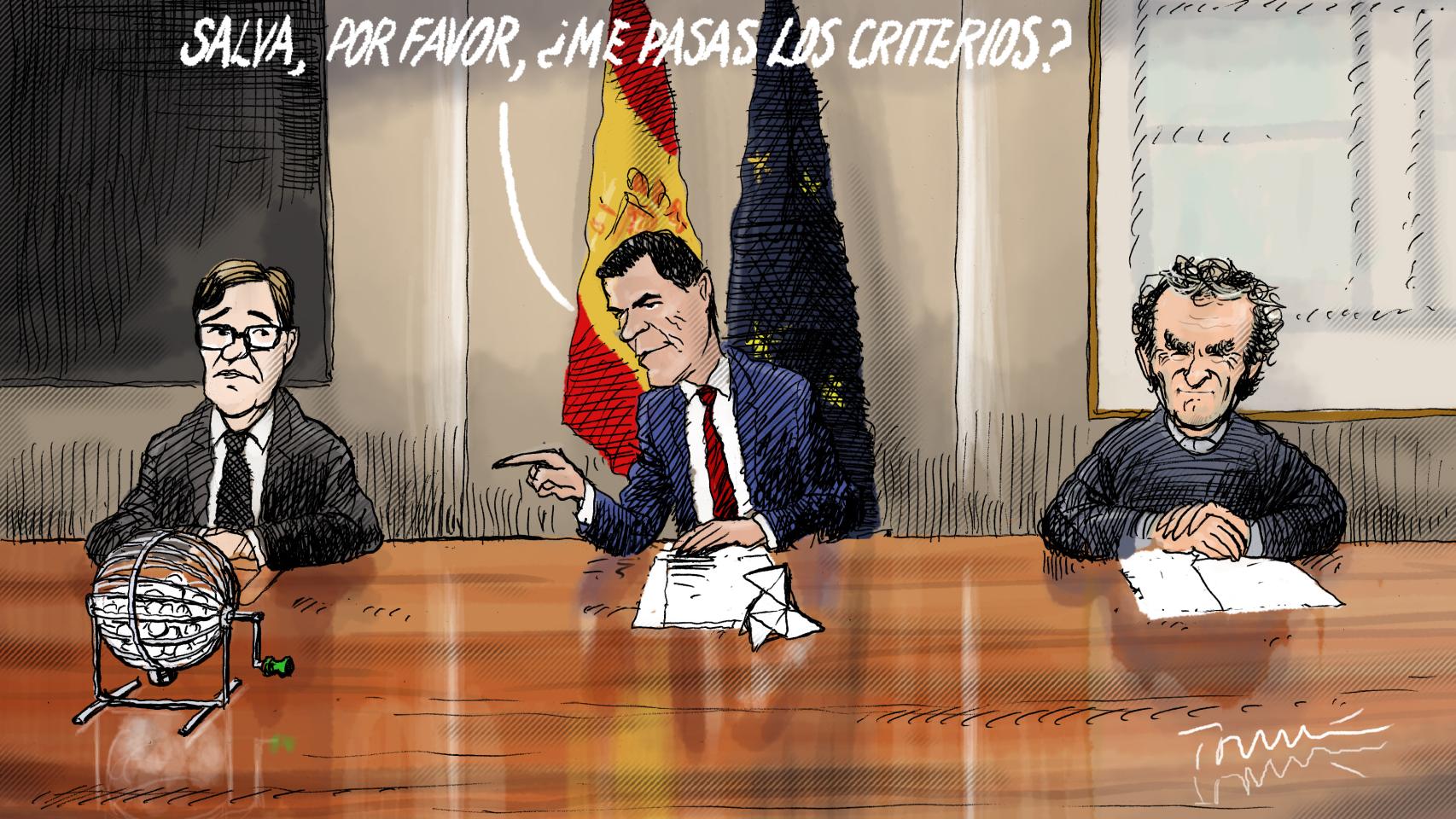 Viñeta del presidente Sánchez junto al ministro de Sanidad, Salvador Illa, y Fernando Simón.