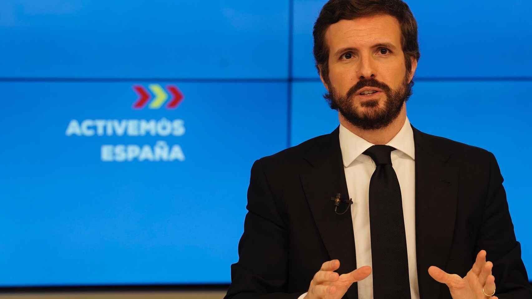 El presidente del PP, Pablo Casado, en la sede de Génova.