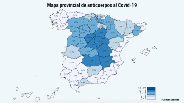 Mapa con la seroprevalencia del virus por provincias.