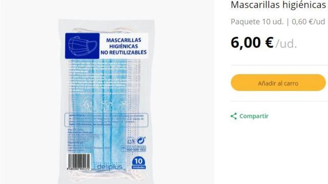 Mascarillas de Mercadona a seis euros en su página web.