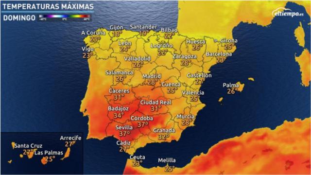 Temperaturas máximas para el próximo fin de semana según eltiempo.es.