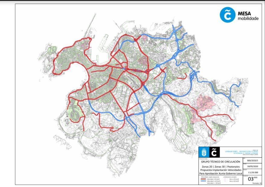 Mapa de límite de velocidad en las calles de  A Coruña