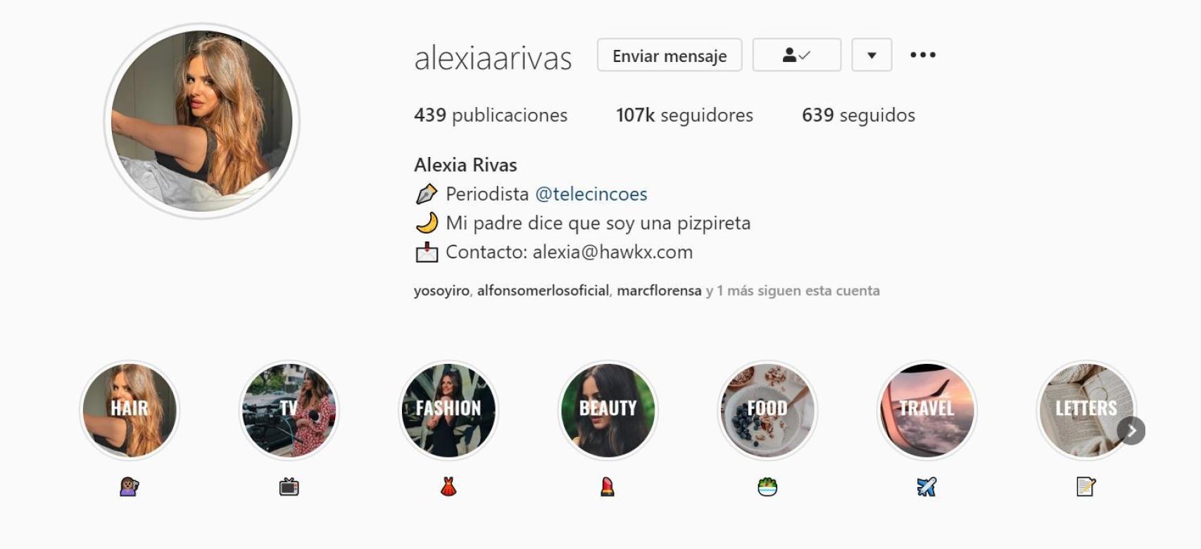 Captura del perfil de Instagram de Alexia Rivas, que ha quintuplicado sus seguidores.