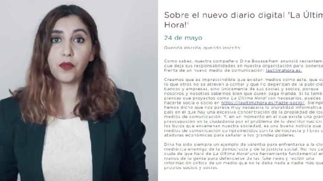 Dina Bousselham, directora de 'La Última Hora!', y el correo de Podemos a los usuarios de su web.