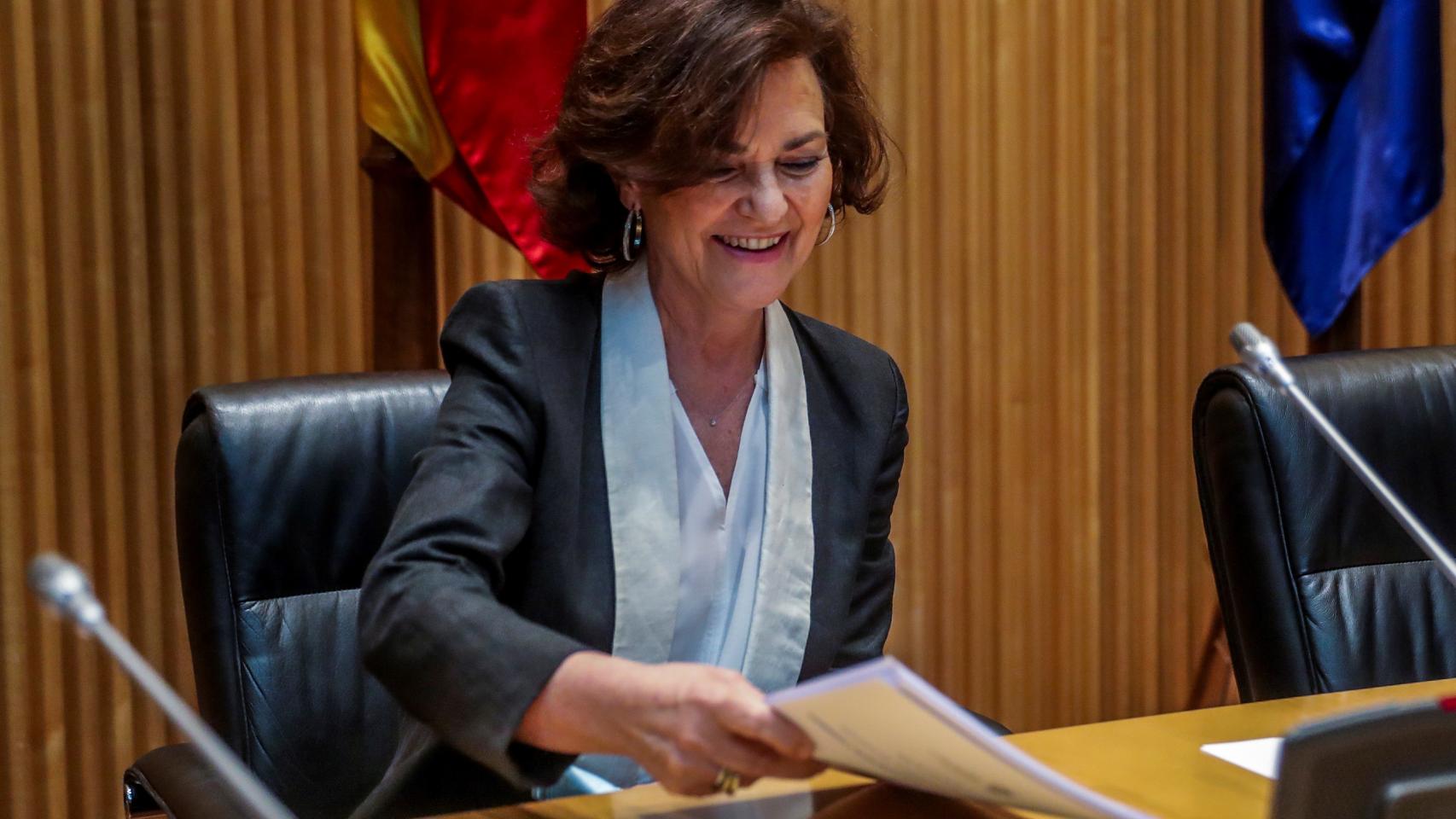 Carmen Calvo en la sesión de este martes de la Comisión para la Reconstrucción.