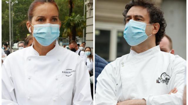 Samantha Vallejo-Nágera y Pepe Rodríguez en montaje de JALEOS a las puertas del Congreso.