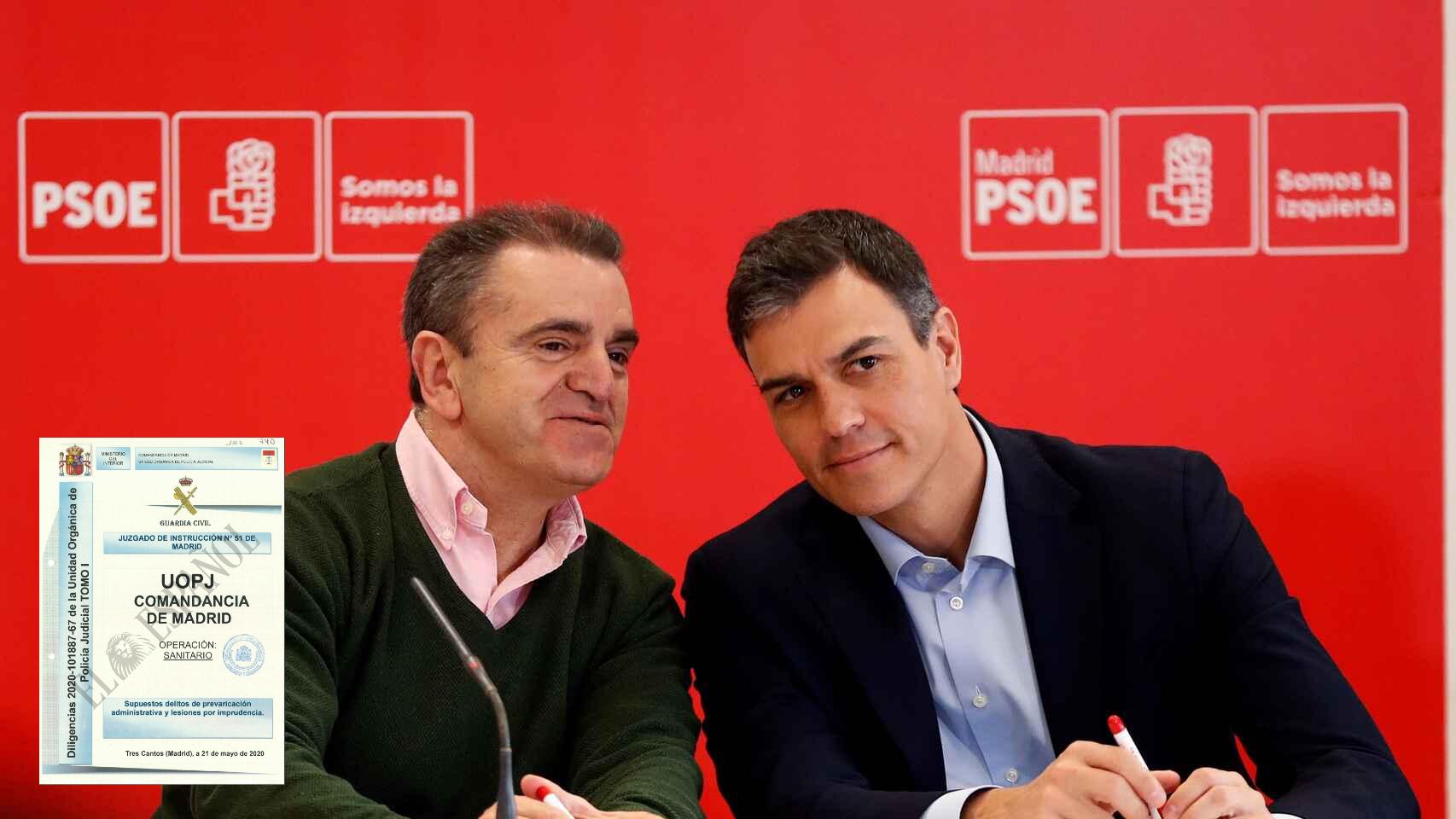 El delegado del Gobierno en Madrid, José Manuel Franco, y el presidente del Gobierno, Pedro sánchez, junto a la portada del informe de la 'operación Sanitario'.