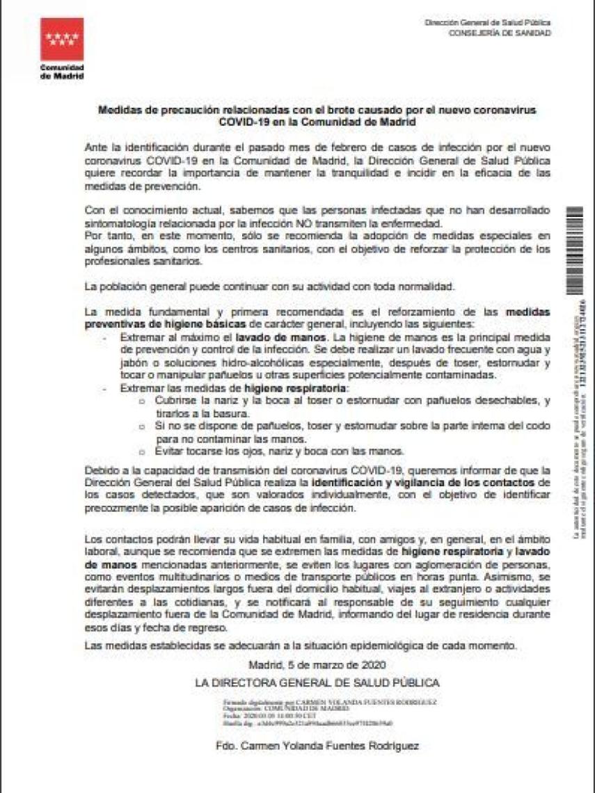 Documento de 5 de marzo de la directora de Salud Pública del Gobierno de Madrid./