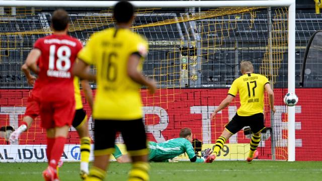 Erling Haaland, en su última acción del partido frente al Bayern