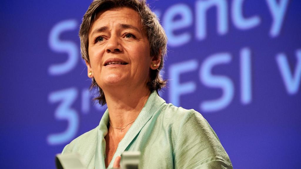 La vicepresidenta de la Comisión, Margrethe Vestager, durante la rueda de prensa de este viernes