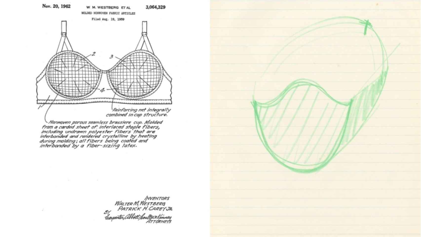 A una lado la patente del sujetador y al otro, el diseño de mascarilla que hizo Sara Little.