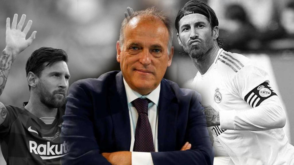 Javier Tebas, Leo Messi y Sergio Ramos