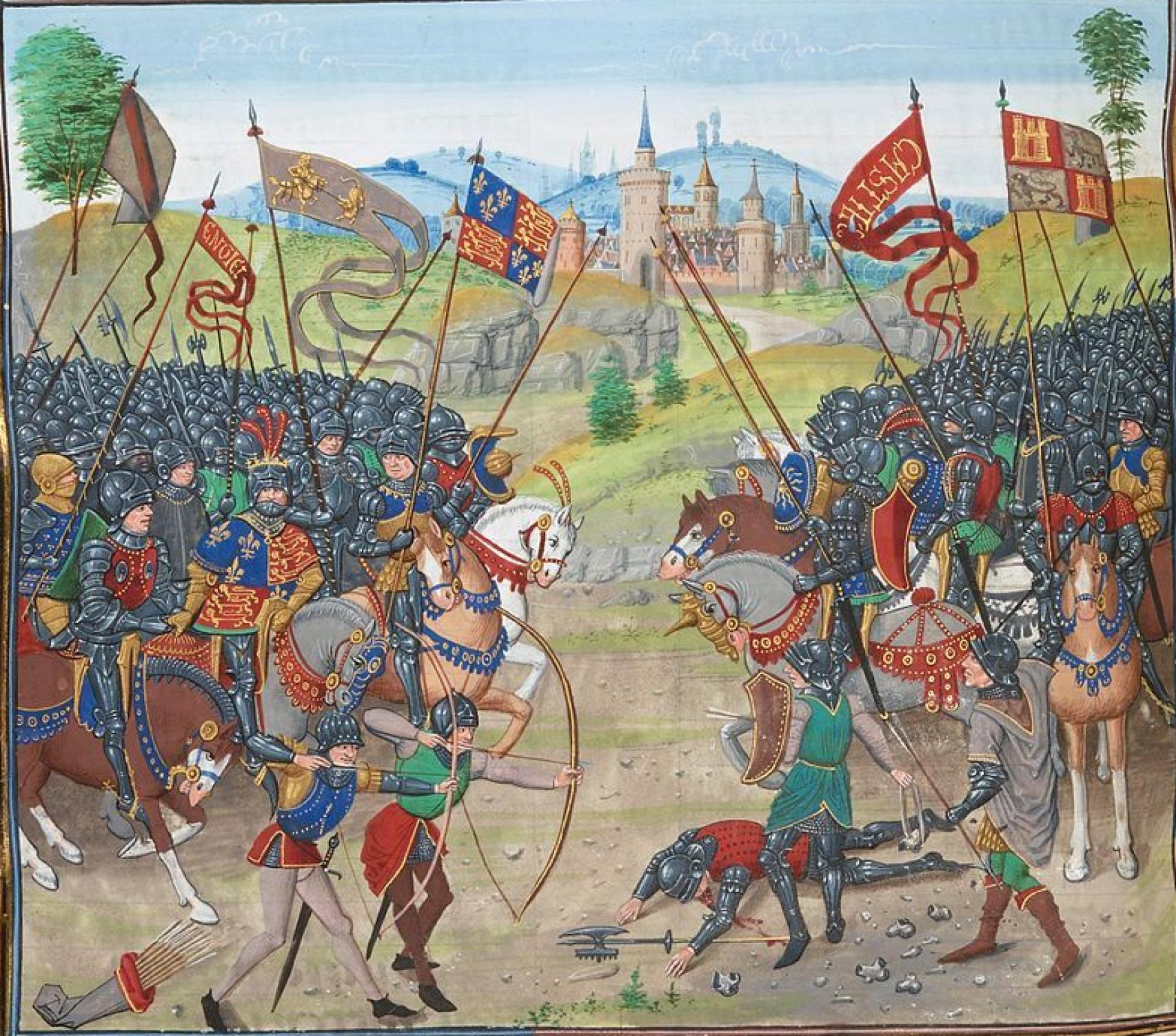 Ilustración de la batalla de Nájera en un manuscrito del siglo XV.