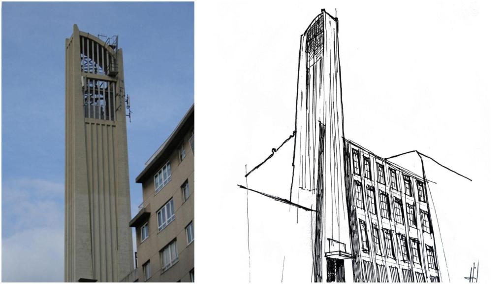 La torre telefónica de Cuatro Caminos, un arpa en el medio de A Coruña