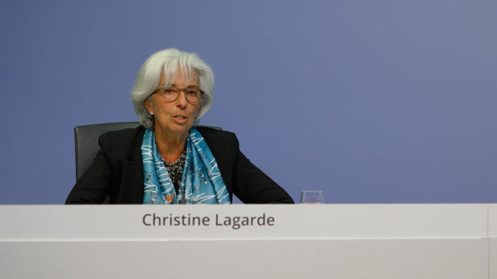 La presidenta del BCE, Christine Lagarde, durante la rueda de prensa de este jueves