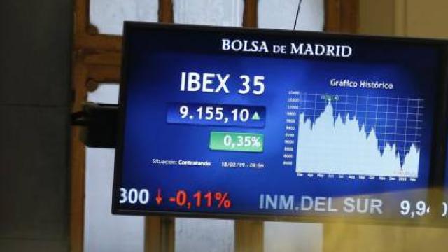 Pantallas de la Bolsa de Madrid con el Ibex 35 en ellas.
