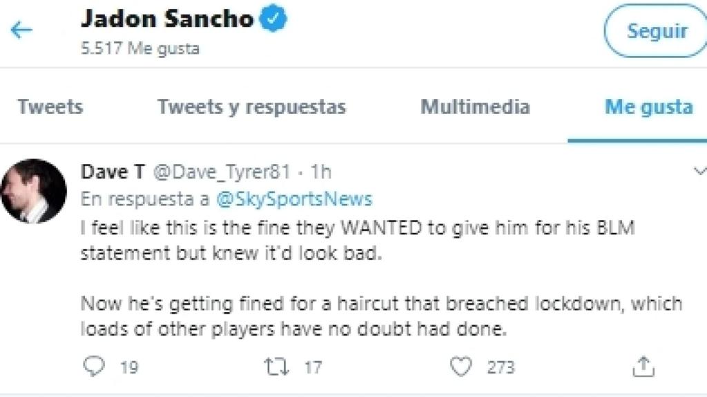 El 'me gusta' de Jadon Sancho en el que relata lo que opina sobre la sanción