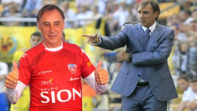 Miguel Ángel Portugal, en su presentación como entrenador del Royal Pari y durante una de sus etapas en España