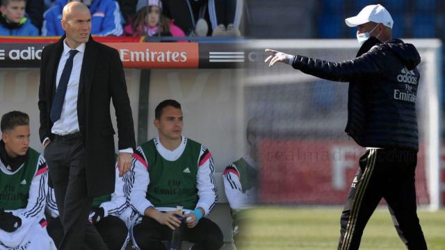 Zinedine Zidane durante su etapa en el Real Madrid Castilla y durante un entrenamiento de esta temporada en Valdebebas