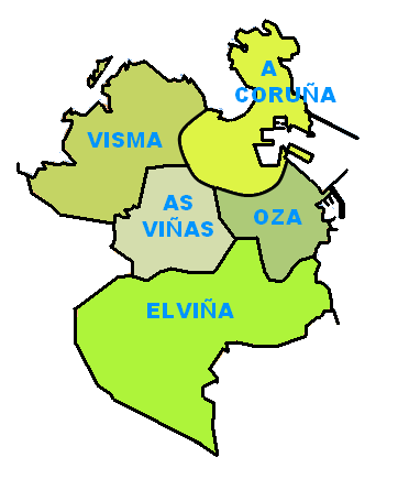 Plano (eclesiástico) de las parroquias de A Coruña. Hasta el siglo XX, el municipio de A Coruña era tan solo la parroquia, y las otras cuatro constituían el municipio de Oza