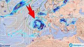 Imagen de la borrasca situándose en el norte de la Península Ibérica. Tiempo.com.