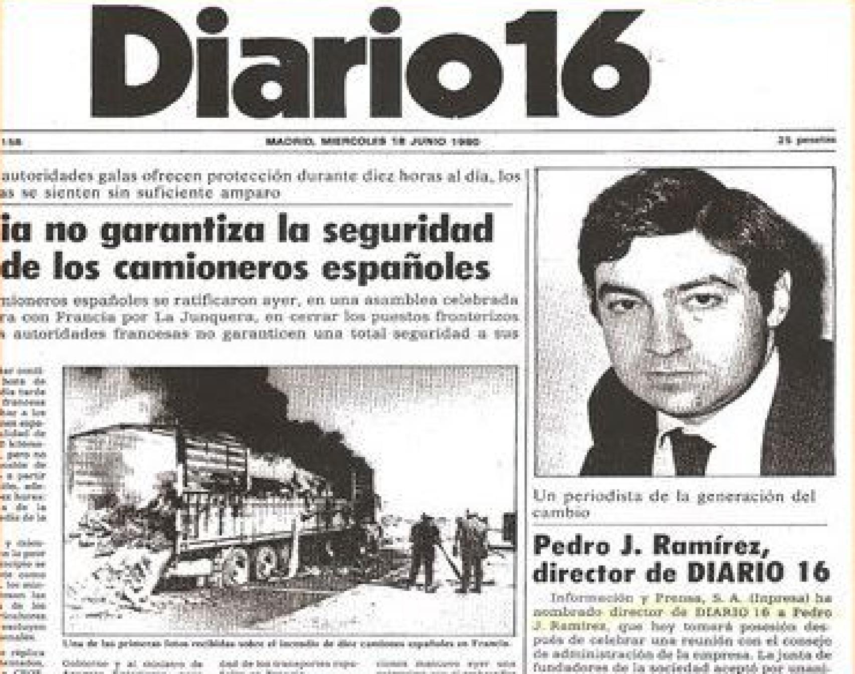 Portada de Diario 16 el 18 de junio de 1980 anunciando el nombramiento de Pedro J. Ramírez como director.
