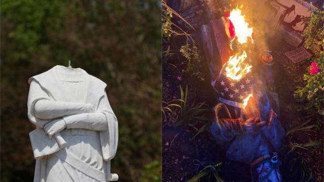 La estatua de Colón decapitada en Boston (izquierda) y otra efigie del almirante quemada en Richmond.