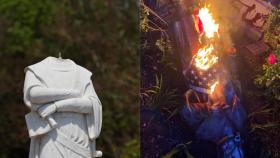 La estatua de Colón decapitada en Boston (izquierda) y otra efigie del almirante quemada en Richmond.