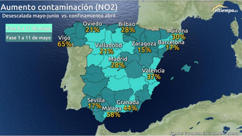 Mapa aumento de contaminación por NO2 durante la desescalada.