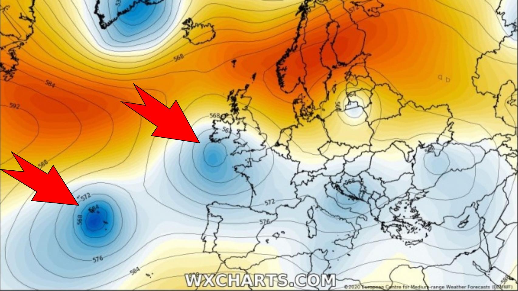 Posición de las dos borrascas el 15/06. Severe-weather.eu.