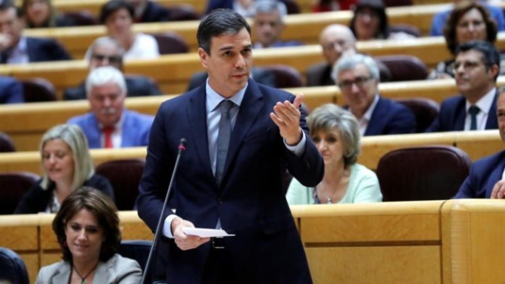 El presidente del Gobierno, Pedro Sánchez,  en una sesión de control en el Senado.