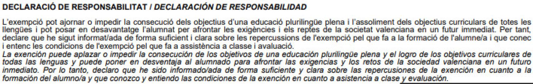 Declaración de responsabilidad dentro de la solicitud de exención del valenciano.