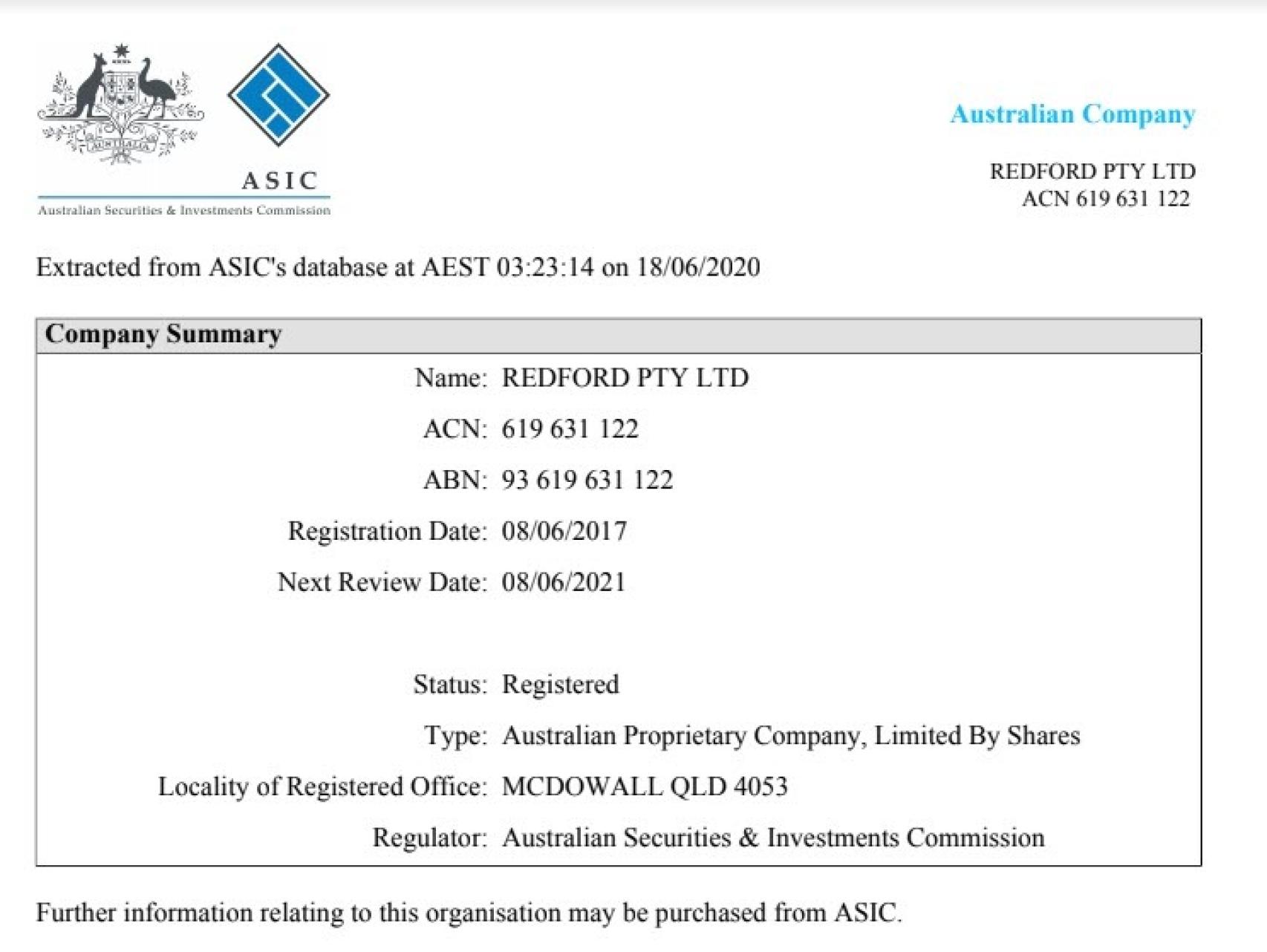 Certificado de inscripción en la ASIC