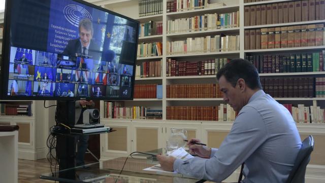 El presidente del Gobierno, Pedro Sánchez, durante la videocumbre de este viernes