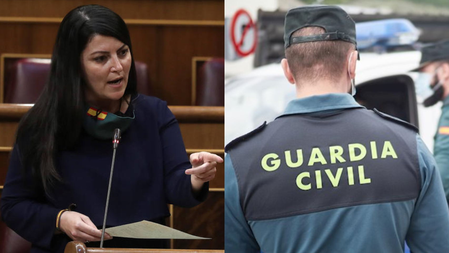 Macarena Olona, en el Congreso de los Diputados. A su derecha, imagen de recurso de un guardia civil.